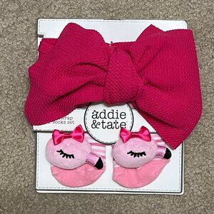NWT Infant HEADWRAP and BOOTIES/SOCKS- matching 2-pc set, flamingo themed